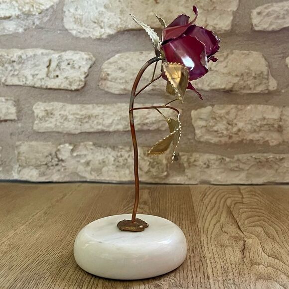 Vintage Single Rose Stem Painted Brass Copper Brutalist Metal Art Marble Base - Picture 8 of 16